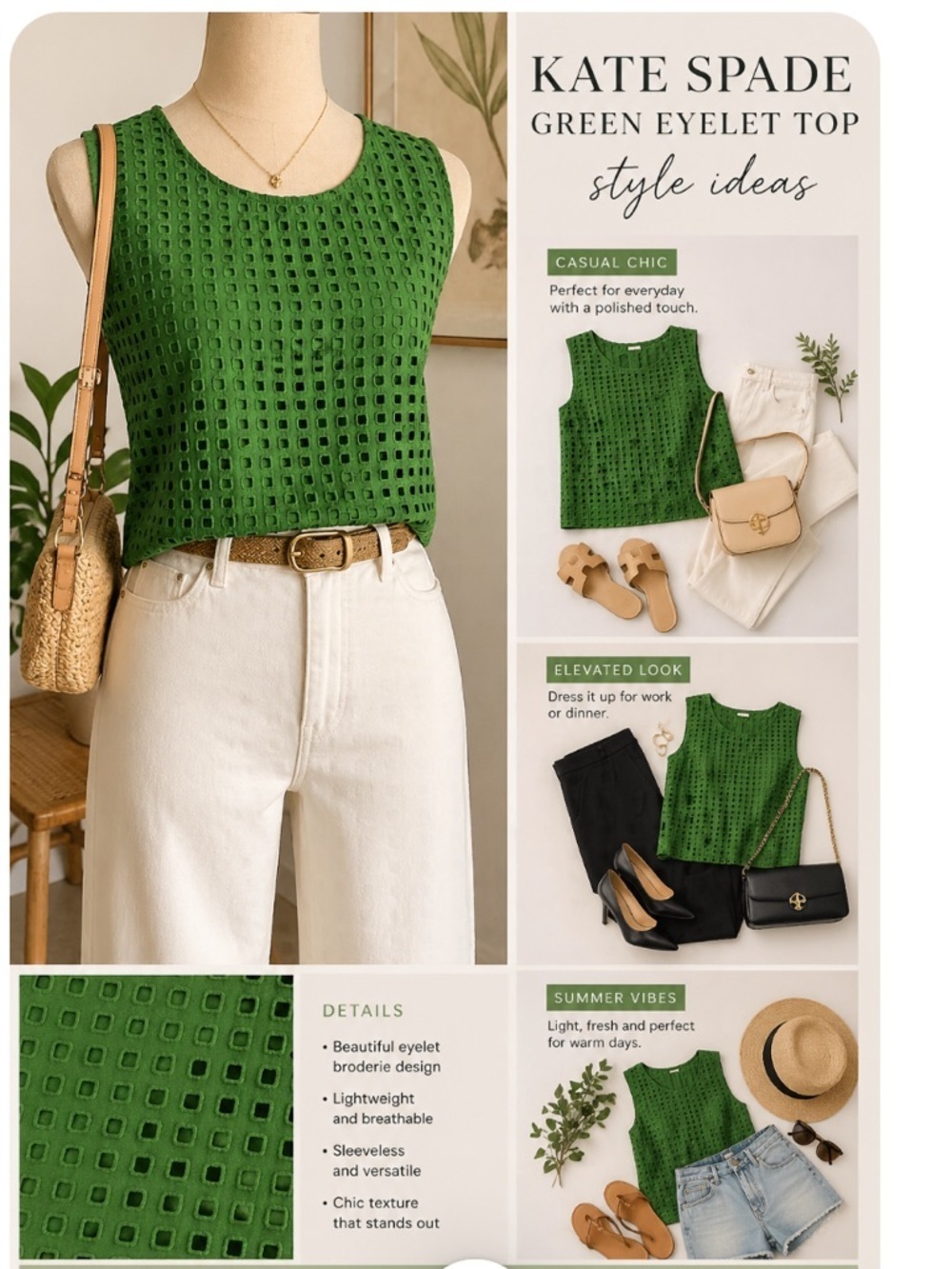 Kate Spade Green Eyelet Broderie Top Sleeveless Sz XL Textured Chic Summer
